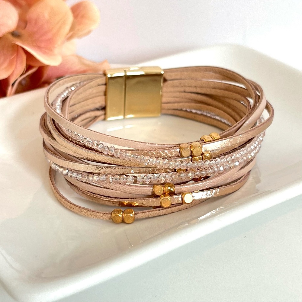 Pink Champagne Beaded Leather Wrap Bracelet